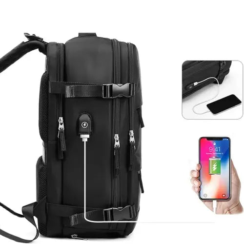 SkyScanner Travel Backpack in black, showing details of charging port