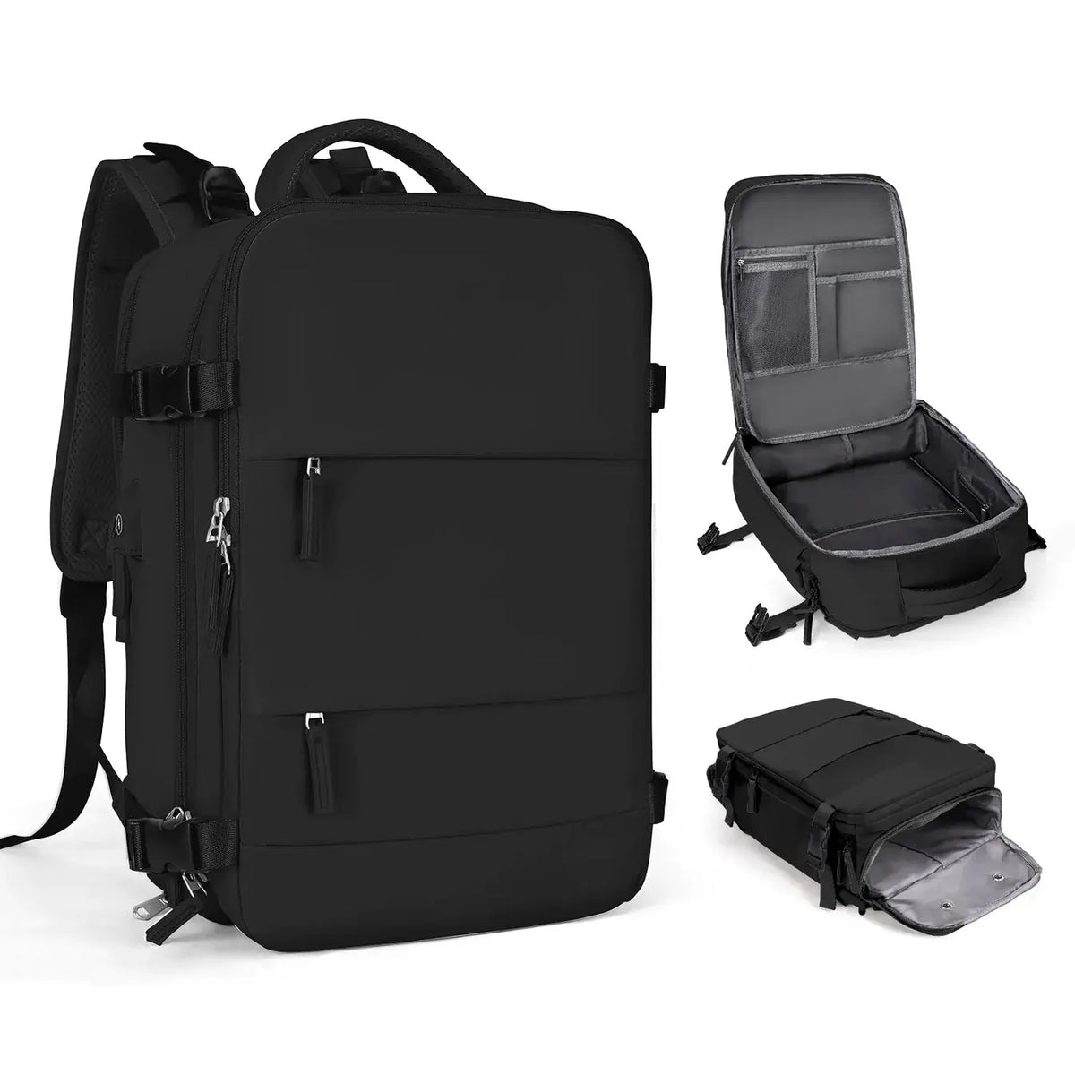 SkyRider Travel Backpack in black, showing compartment details