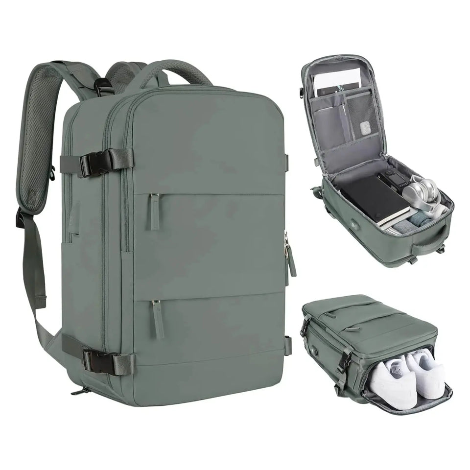 SkyRider Travel Backpack in green, showing different organizing compartments